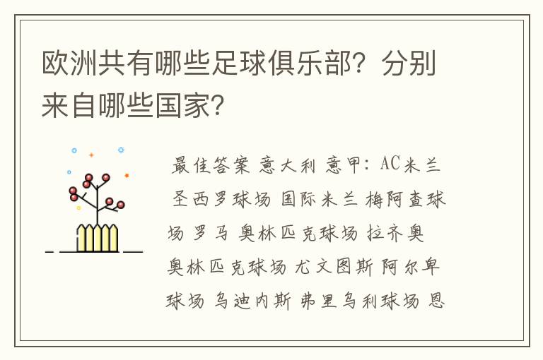 欧洲共有哪些足球俱乐部？分别来自哪些国家？