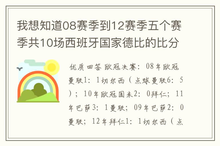 我想知道08赛季到12赛季五个赛季共10场西班牙国家德比的比分，每场的比分 还有这五个赛季欧冠决赛的.