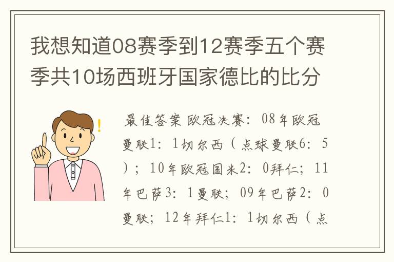 我想知道08赛季到12赛季五个赛季共10场西班牙国家德比的比分，每场的比分 还有这五个赛季欧冠决赛的.