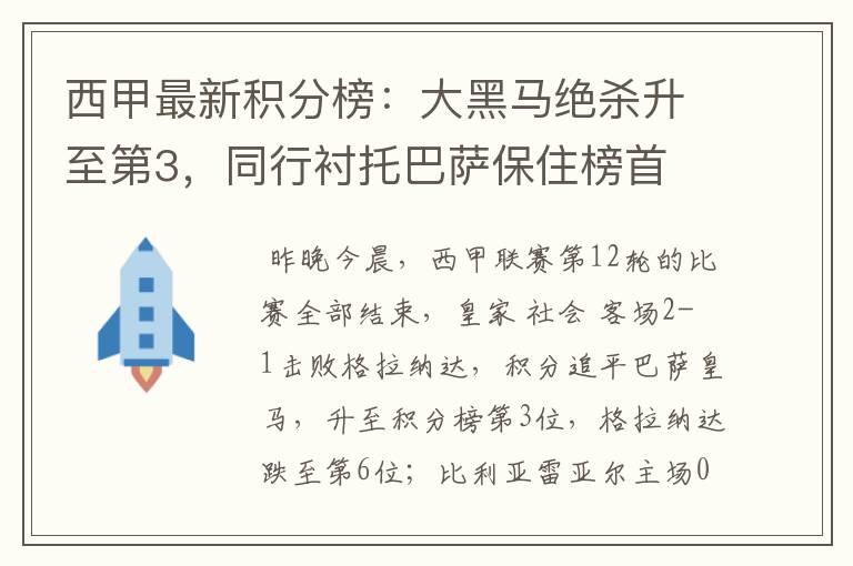 西甲最新积分榜：大黑马绝杀升至第3，同行衬托巴萨保住榜首