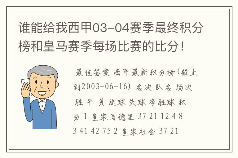 谁能给我西甲03-04赛季最终积分榜和皇马赛季每场比赛的比分！