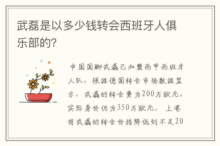 武磊是以多少钱转会西班牙人俱乐部的？