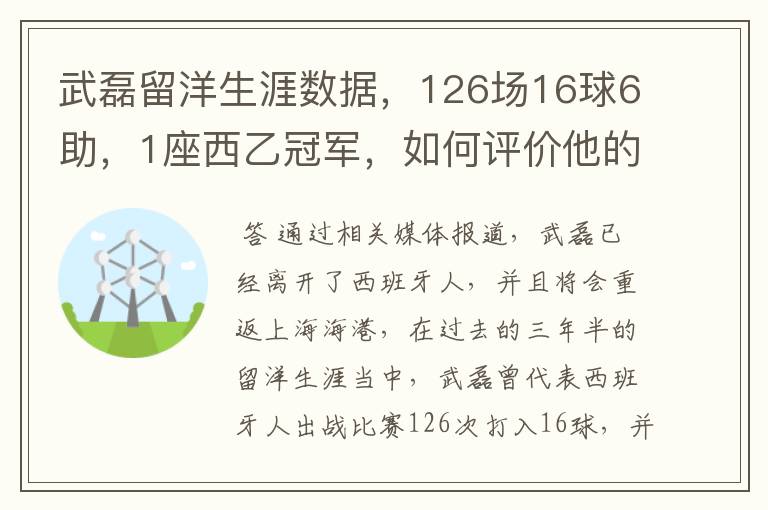 武磊留洋生涯数据，126场16球6助，1座西乙冠军，如何评价他的表现？