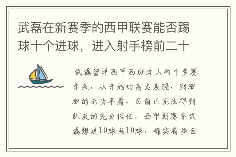 武磊在新赛季的西甲联赛能否踢球十个进球，进入射手榜前二十？