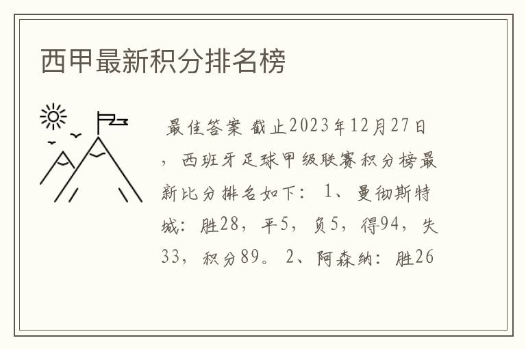 西甲最新积分排名榜