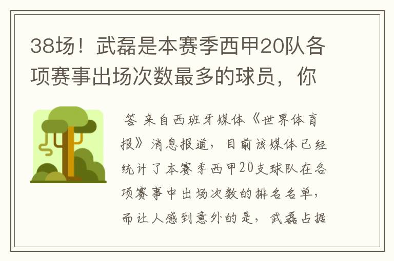 38场！武磊是本赛季西甲20队各项赛事出场次数最多的球员，你怎么看？