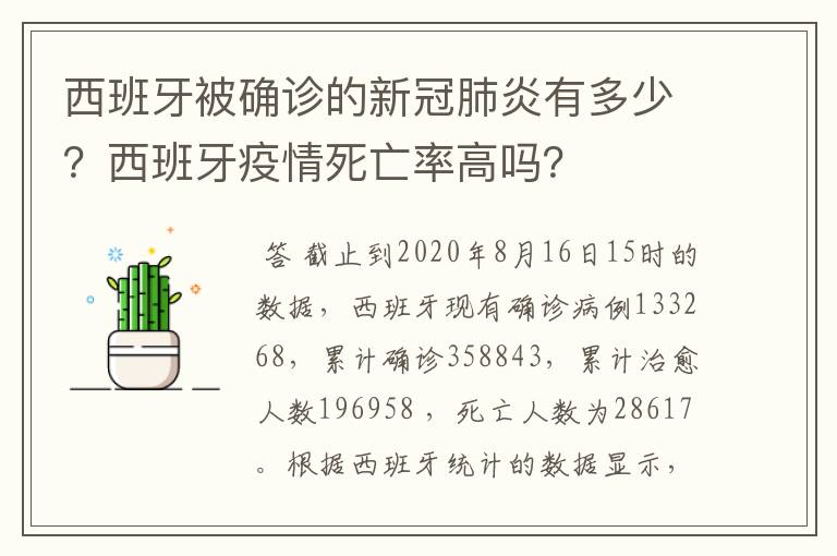 西班牙被确诊的新冠肺炎有多少？西班牙疫情死亡率高吗？