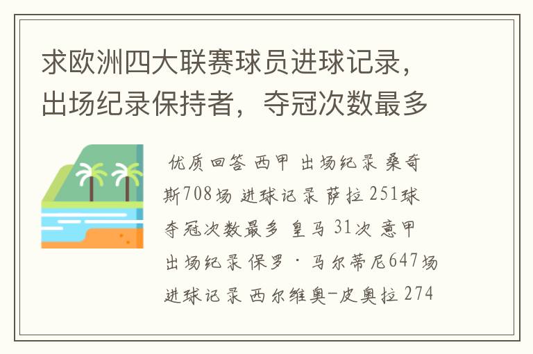 求欧洲四大联赛球员进球记录，出场纪录保持者，夺冠次数最多的球队。