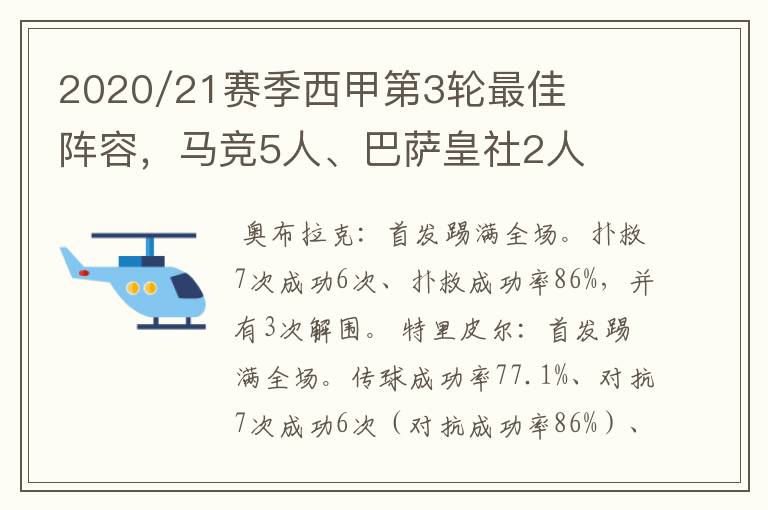 2020/21赛季西甲第3轮最佳阵容，马竞5人、巴萨皇社2人