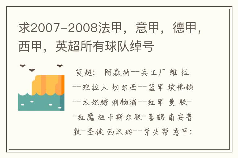 求2007-2008法甲，意甲，德甲，西甲，英超所有球队绰号