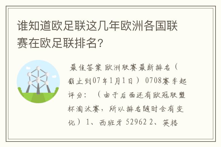 谁知道欧足联这几年欧洲各国联赛在欧足联排名?