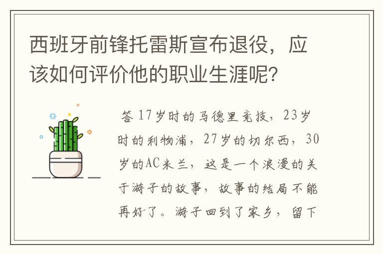 西班牙前锋托雷斯宣布退役，应该如何评价他的职业生涯呢？