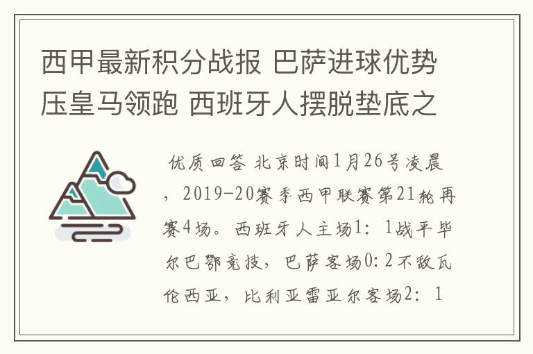 西甲最新积分战报 巴萨进球优势压皇马领跑 西班牙人摆脱垫底之位