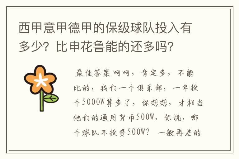 西甲意甲德甲的保级球队投入有多少？比申花鲁能的还多吗？