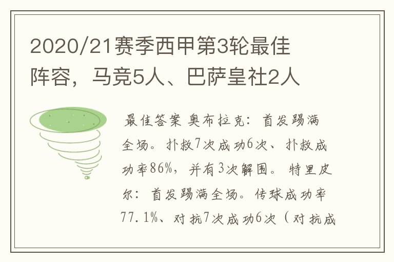 2020/21赛季西甲第3轮最佳阵容，马竞5人、巴萨皇社2人