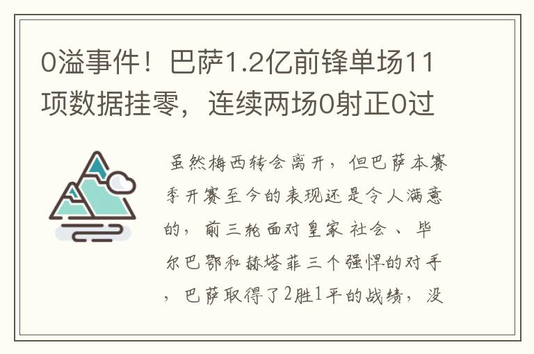 0溢事件！巴萨1.2亿前锋单场11项数据挂零，连续两场0射正0过人