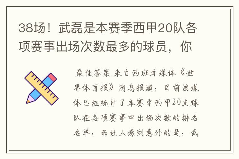 38场！武磊是本赛季西甲20队各项赛事出场次数最多的球员，你怎么看？