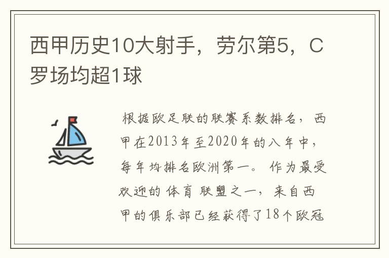 西甲历史10大射手，劳尔第5，C罗场均超1球