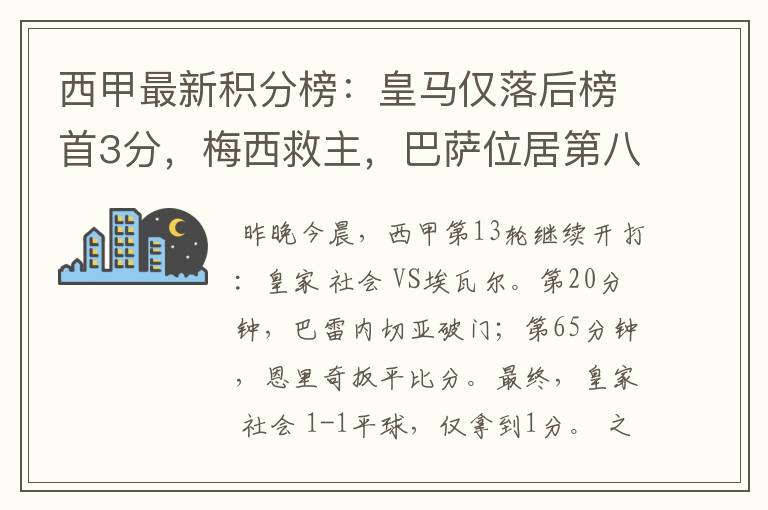 西甲最新积分榜：皇马仅落后榜首3分，梅西救主，巴萨位居第八