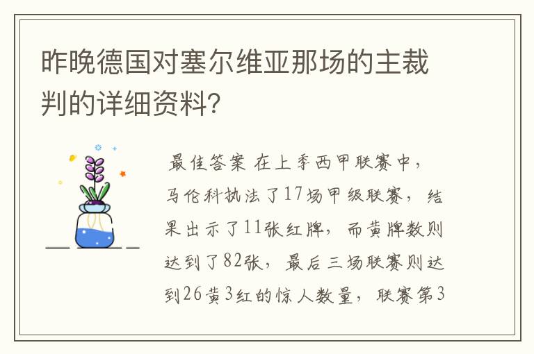 昨晚德国对塞尔维亚那场的主裁判的详细资料？