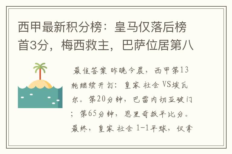 西甲最新积分榜：皇马仅落后榜首3分，梅西救主，巴萨位居第八