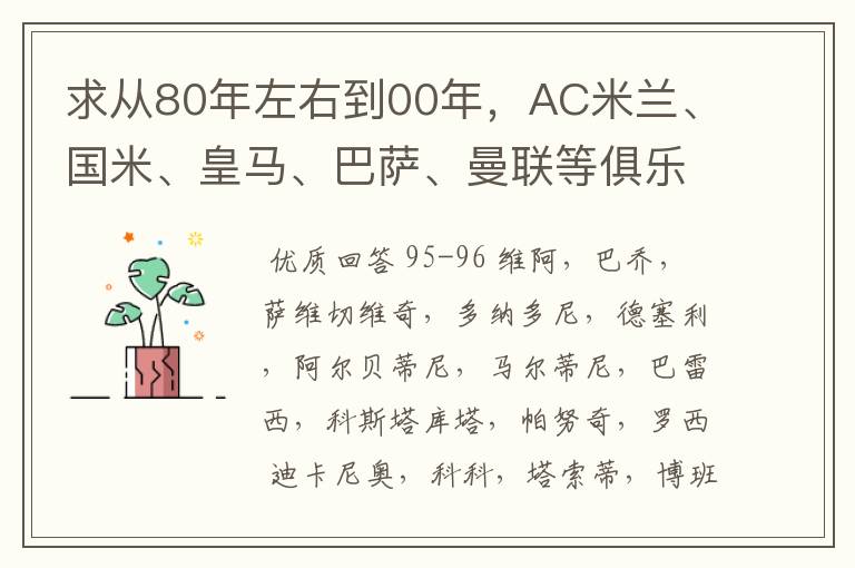 求从80年左右到00年，AC米兰、国米、皇马、巴萨、曼联等俱乐部历年的主力阵容