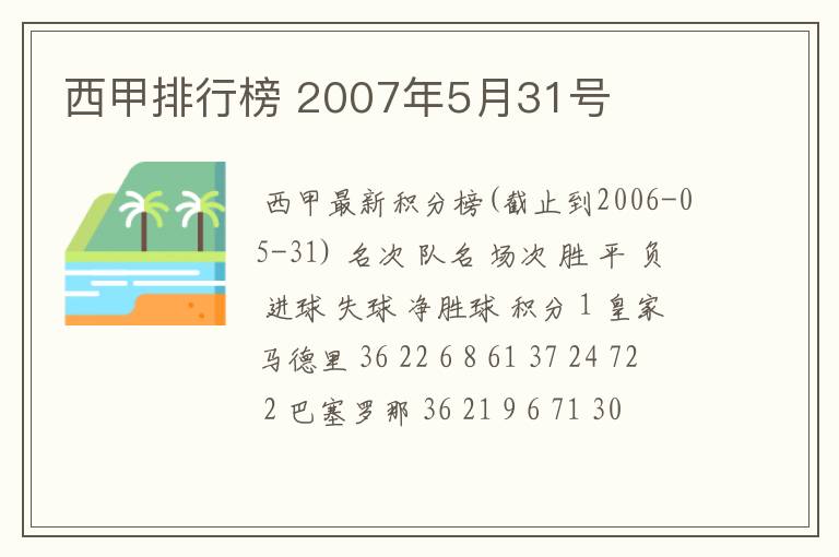 西甲排行榜 2007年5月31号