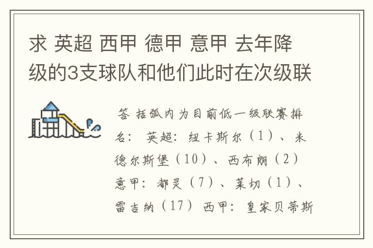 求 英超 西甲 德甲 意甲 去年降级的3支球队和他们此时在次级联赛的排名