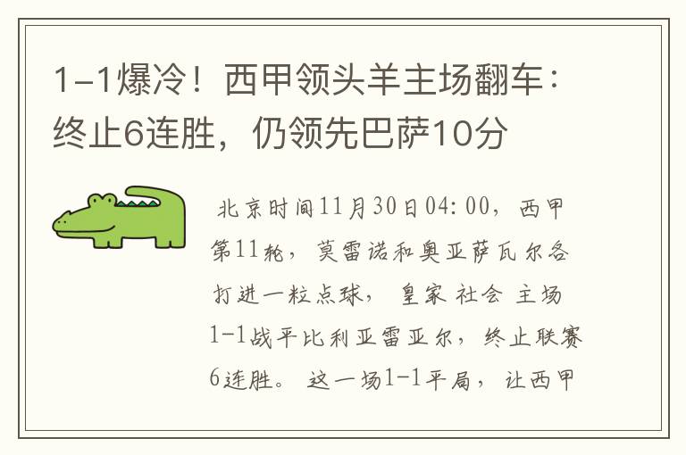 1-1爆冷！西甲领头羊主场翻车：终止6连胜，仍领先巴萨10分