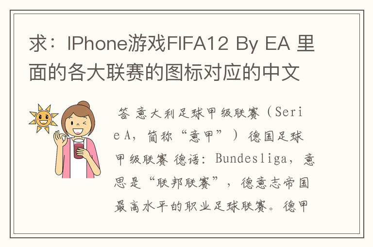 求：IPhone游戏FIFA12 By EA 里面的各大联赛的图标对应的中文名称 例如：Liga BBVA 西甲