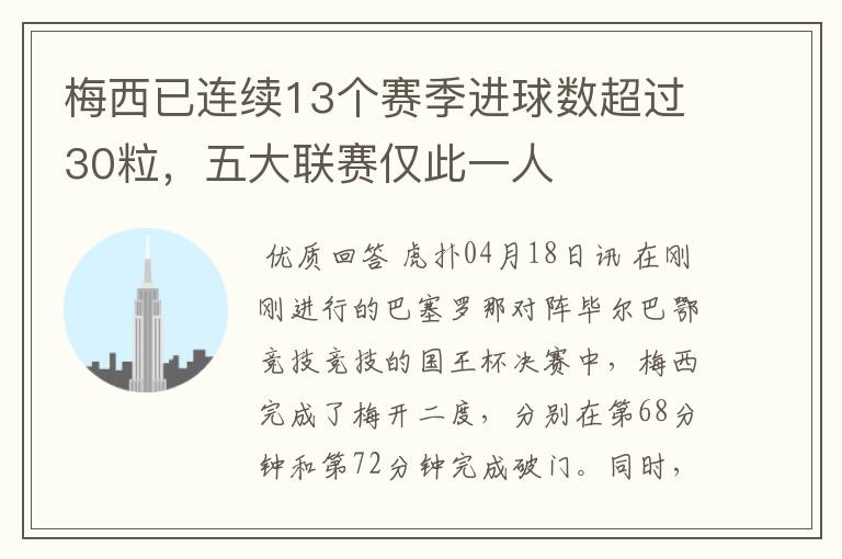 梅西已连续13个赛季进球数超过30粒，五大联赛仅此一人