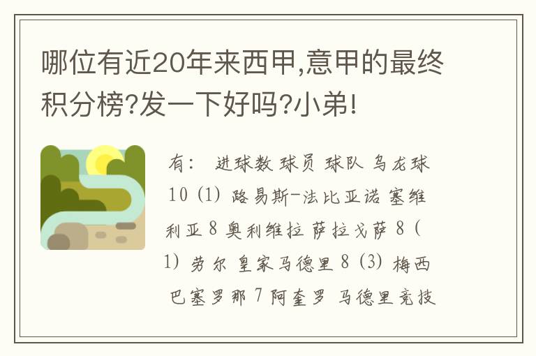 哪位有近20年来西甲,意甲的最终积分榜?发一下好吗?小弟!