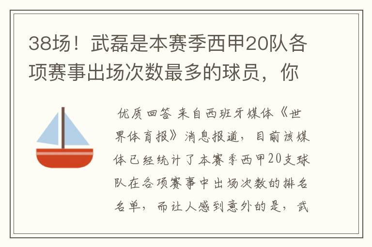 38场！武磊是本赛季西甲20队各项赛事出场次数最多的球员，你怎么看？