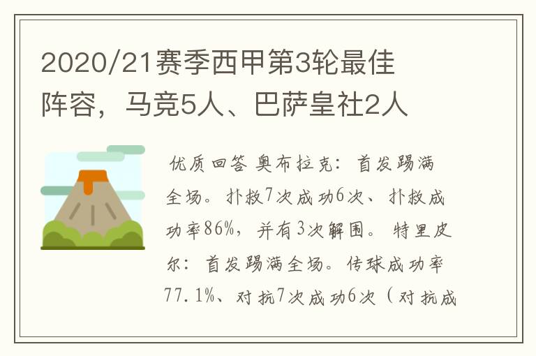 2020/21赛季西甲第3轮最佳阵容，马竞5人、巴萨皇社2人