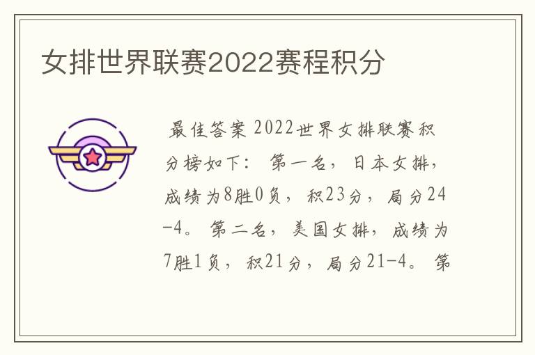 女排世界联赛2022赛程积分