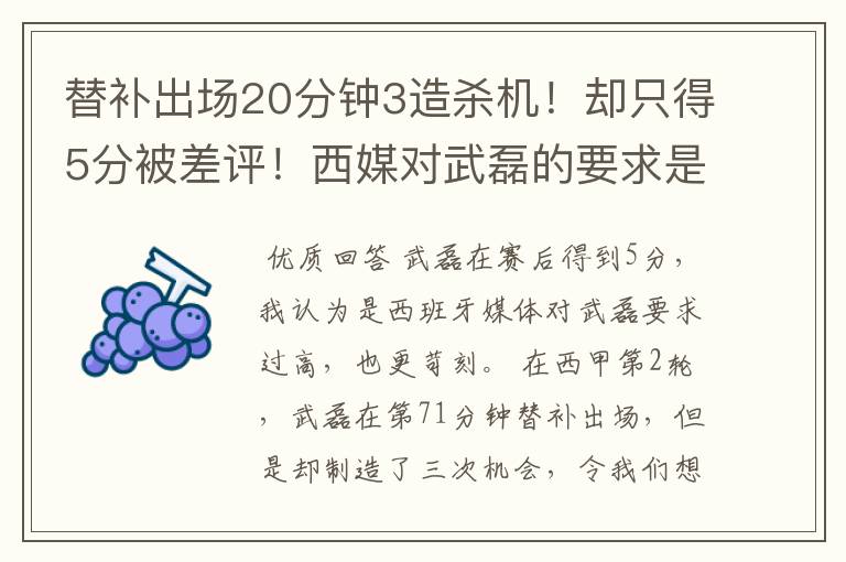 替补出场20分钟3造杀机！却只得5分被差评！西媒对武磊的要求是不是太高？