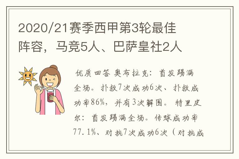 2020/21赛季西甲第3轮最佳阵容，马竞5人、巴萨皇社2人