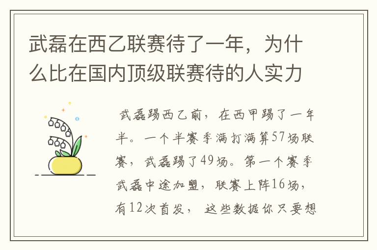 武磊在西乙联赛待了一年，为什么比在国内顶级联赛待的人实力高出那么多？