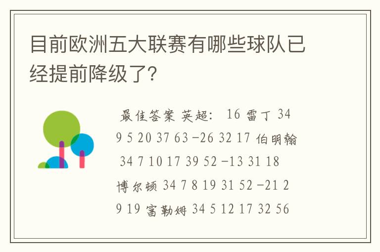 目前欧洲五大联赛有哪些球队已经提前降级了？