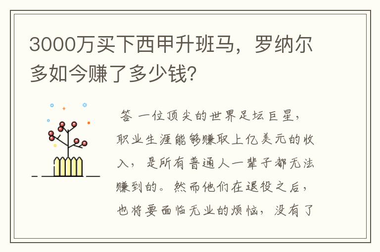 3000万买下西甲升班马，罗纳尔多如今赚了多少钱？