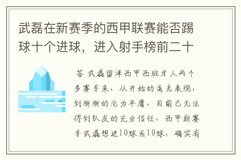 武磊在新赛季的西甲联赛能否踢球十个进球，进入射手榜前二十？