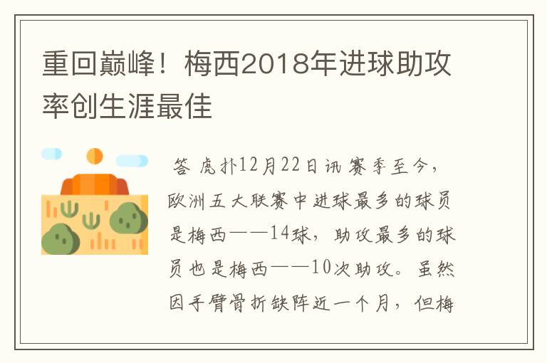 重回巅峰！梅西2018年进球助攻率创生涯最佳