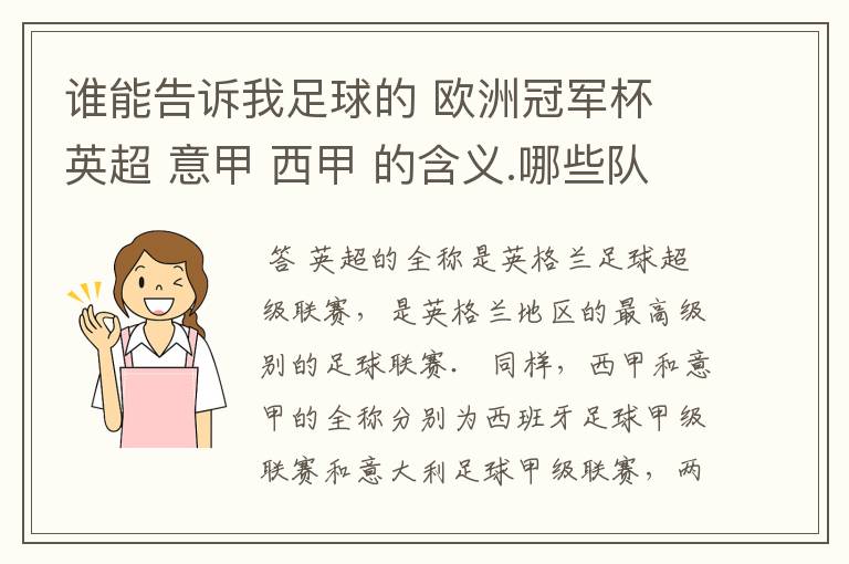 谁能告诉我足球的 欧洲冠军杯 英超 意甲 西甲 的含义.哪些队  怎么进行比赛的.