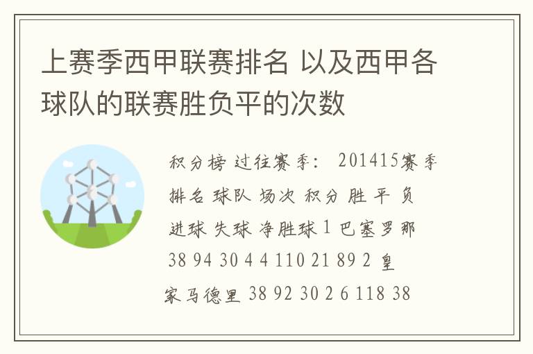 上赛季西甲联赛排名 以及西甲各球队的联赛胜负平的次数