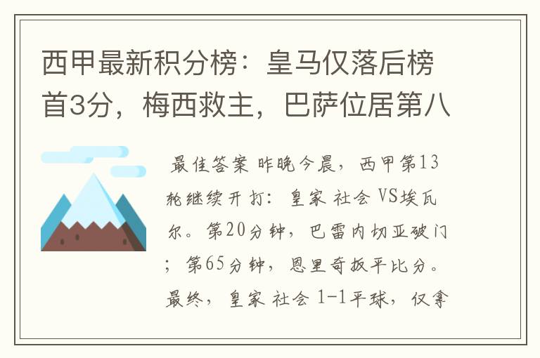 西甲最新积分榜：皇马仅落后榜首3分，梅西救主，巴萨位居第八