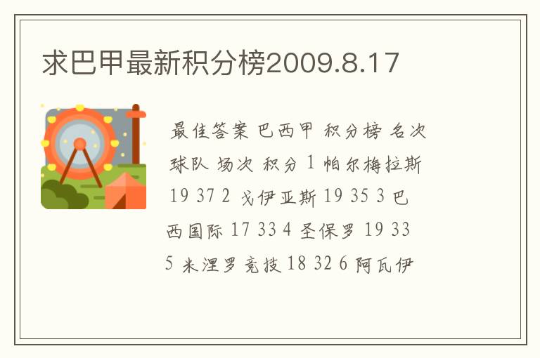 求巴甲最新积分榜2009.8.17