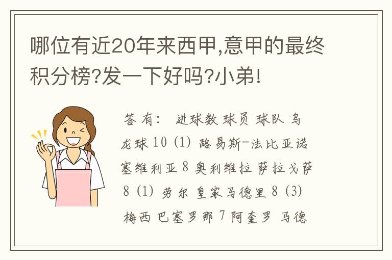 哪位有近20年来西甲,意甲的最终积分榜?发一下好吗?小弟!