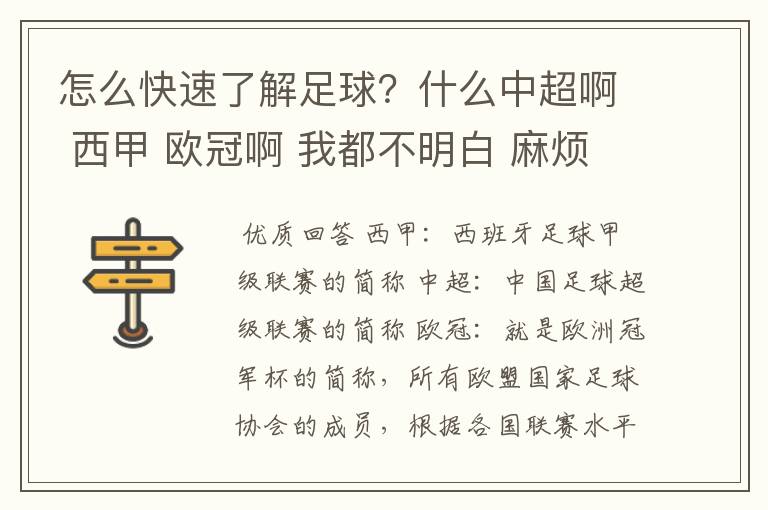 怎么快速了解足球？什么中超啊 西甲 欧冠啊 我都不明白 麻烦 有哪位特别了解足球的 跟我讲讲，多谢