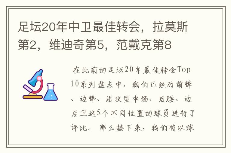 足坛20年中卫最佳转会，拉莫斯第2，维迪奇第5，范戴克第8