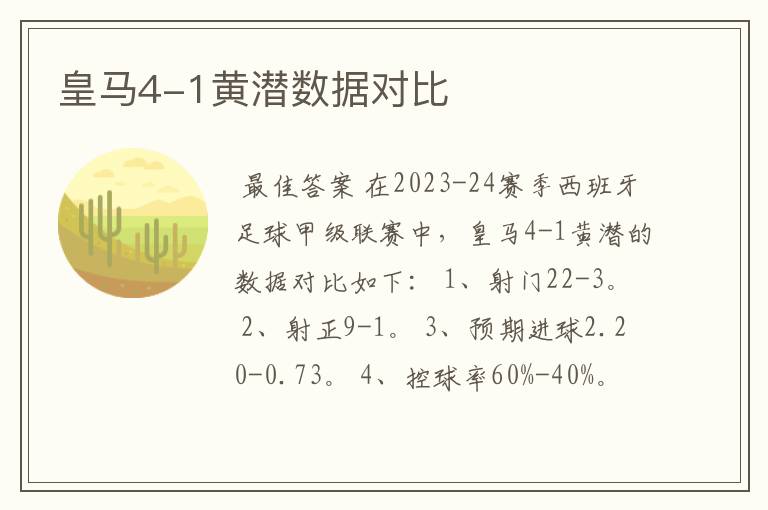 皇马4-1黄潜数据对比